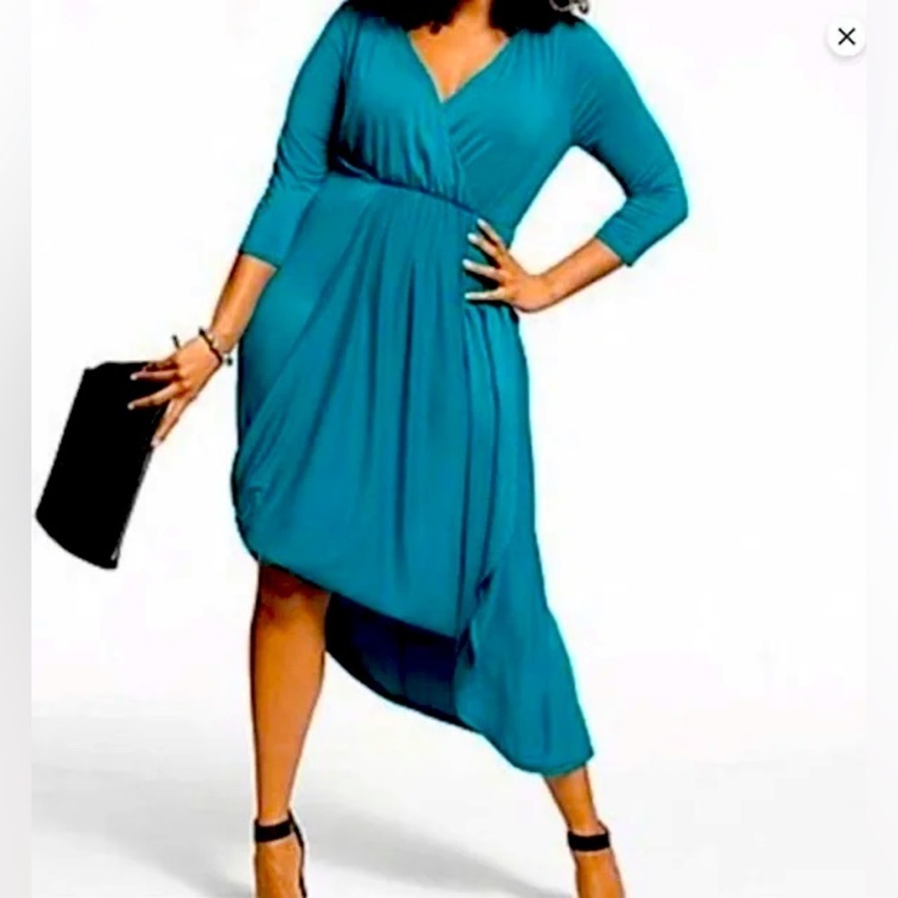 Lane Bryant Teal Blue Asymmetrical Hem Surplice Faux Wrap  Midi Dress 22…